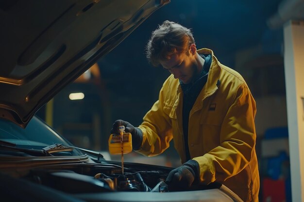 car-mechanic-replacing-pouring-fresh-oil-into-engine-service-station